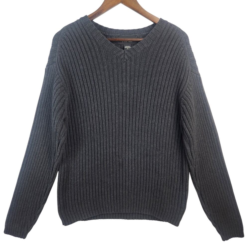 Vintage 90s Eddie Bauer Mens XL Heavyweight Ribbed Knit V-Neck Sweater Gray EUC
